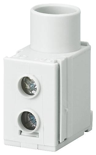 A grey electrical cable connector with two connection openings, suitable for cable connections in electrical installations.