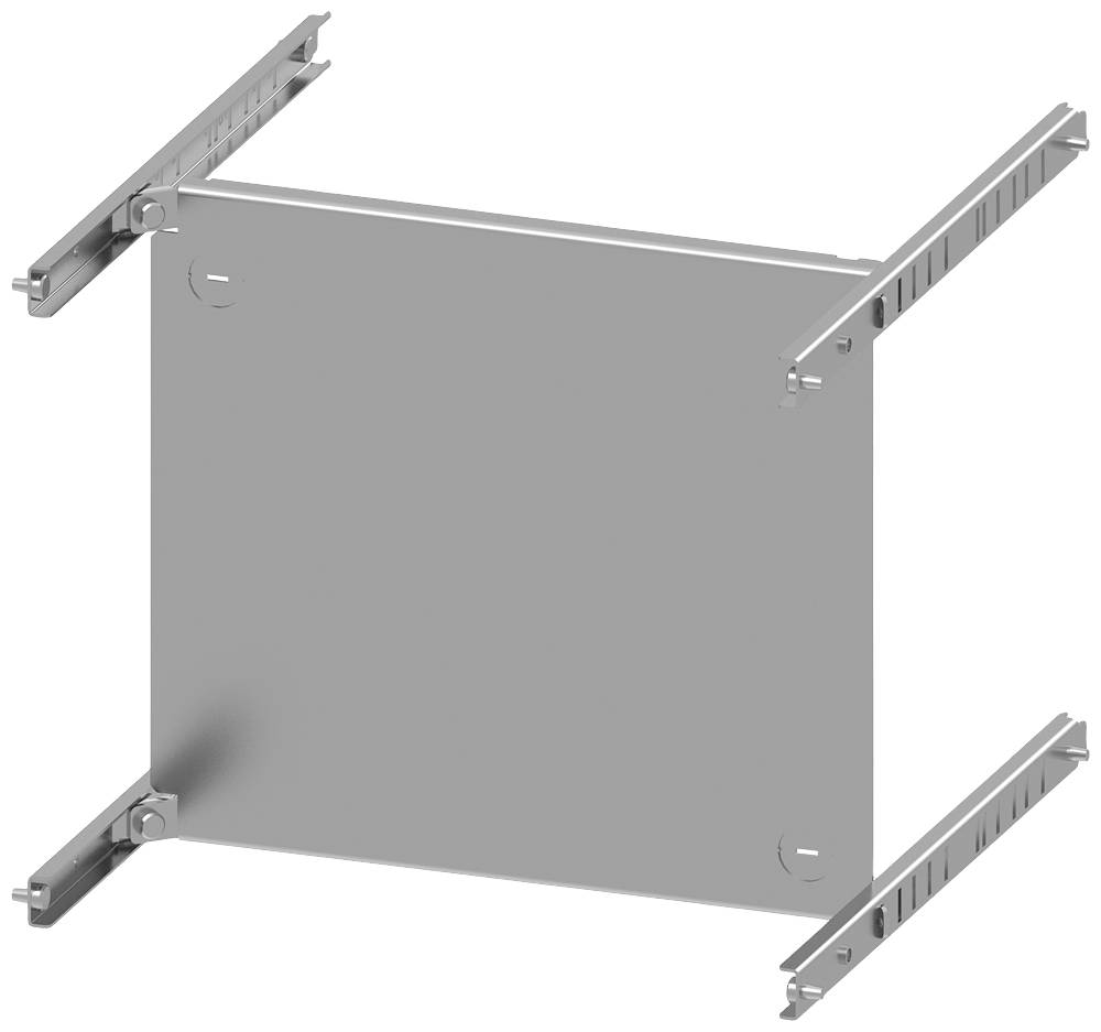 A grey metal panel with four mounting brackets at the corners, potentially part of a technical device or construction.