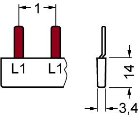 Connector diagram with dimensions: width 3.4 mm, height 14 mm. Terminals labelled 'L1', spacing 1 mm.