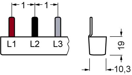 Circuit diagram with three vertical pins, marked as 'L1' (red), 'L2' (black), 'L3' (grey). Labelled with dimensions: height 19 mm, width 10.3 mm.