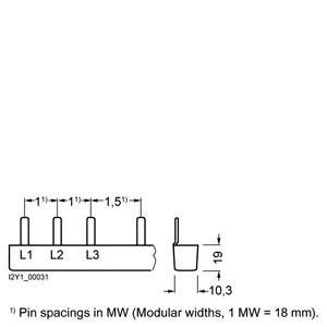 Technical drawing of a three-pole connector with modules L1, L2, L3. Module widths and spacings given in millimetres.