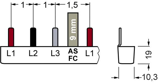 'Diagram of a connector with 5 terminals, labelled as L1, L2, L3, AS/FC and L1, with dimensional measurements for width and height.'