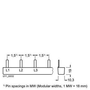 Socket terminal with contact spacings L1, L2, L3, L4. Dimensions in modular width (MW): 1.5 modules between terminals, 1 MW = 18 mm.