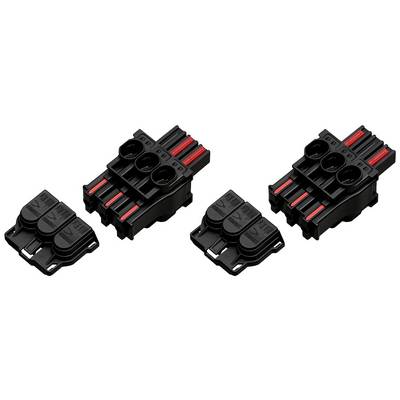 Three black connectors with red cables, arranged side by side, show different configurations for electrical connection.