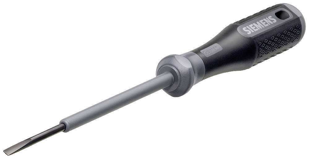 Flat-head screwdriver with a black handle, bearing the 'Siemens' branding. Suitable for slotted screws.