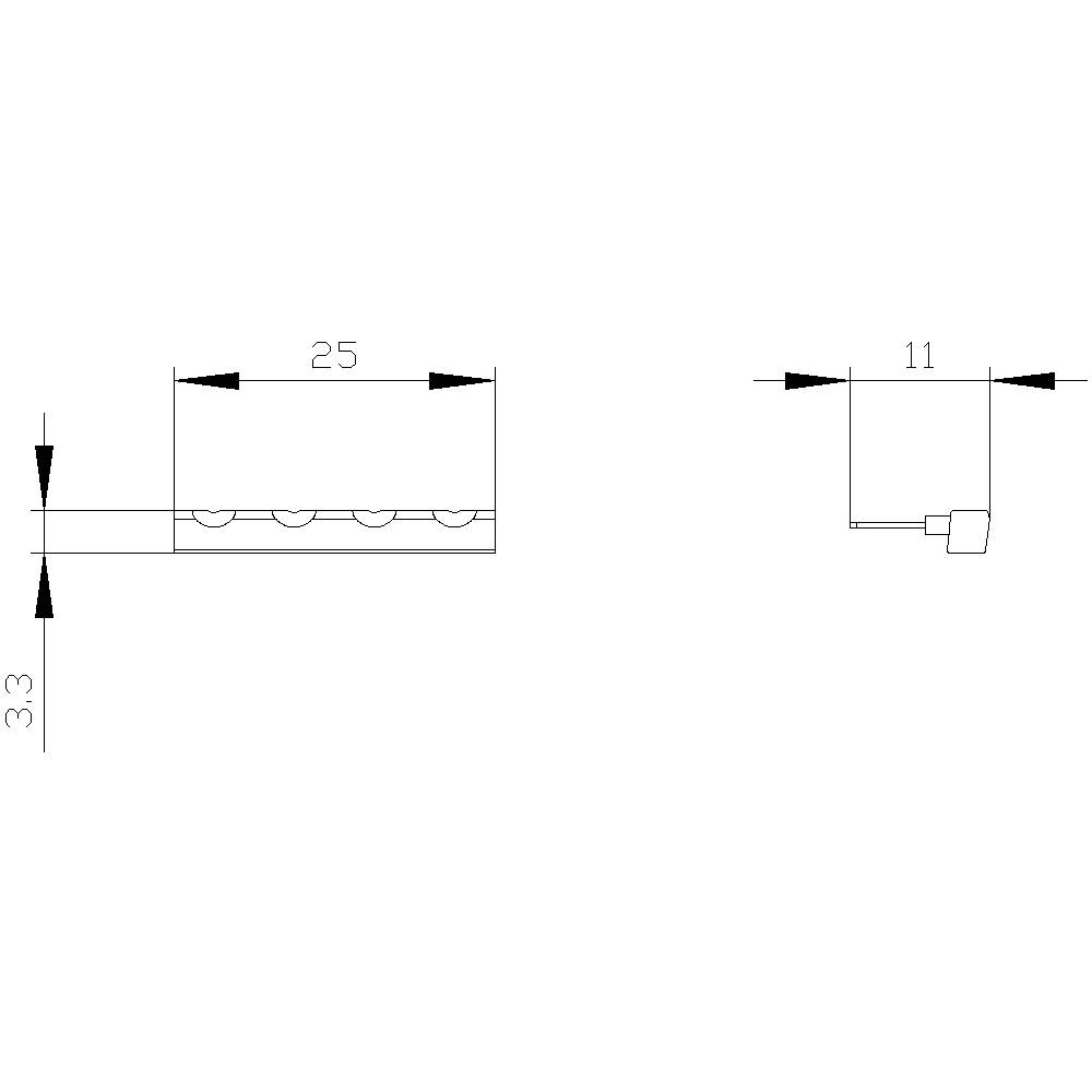 Technical drawing shows two views of a component: On the left, a longitudinal perspective with '25' and '3.3', on the right a side view with '11'.
