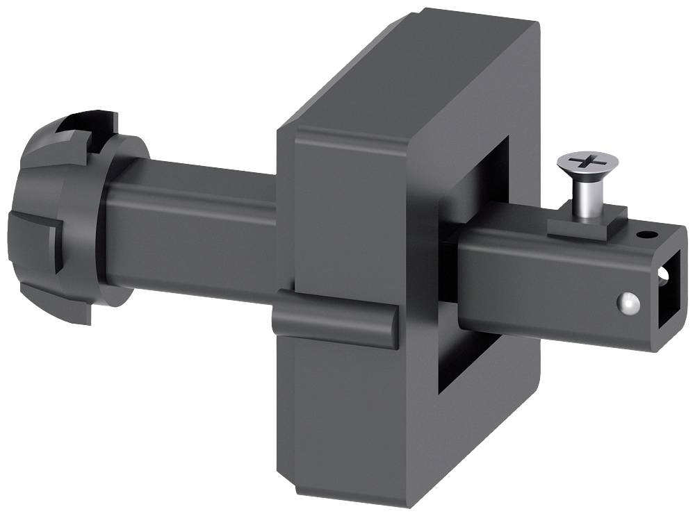 Black, square mechanical component with a rotary knob and screw, used for fastening or adjustment in technical applications.