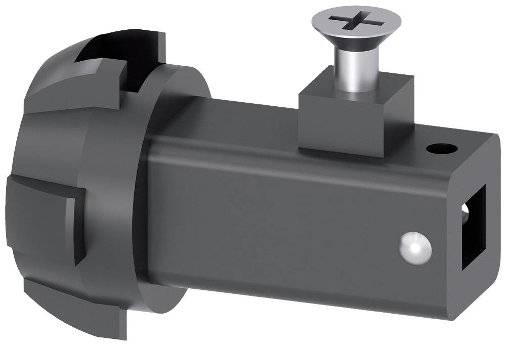 A black mechanical component with a cylindrical end and a screw on top, potentially an adaptor or connector.