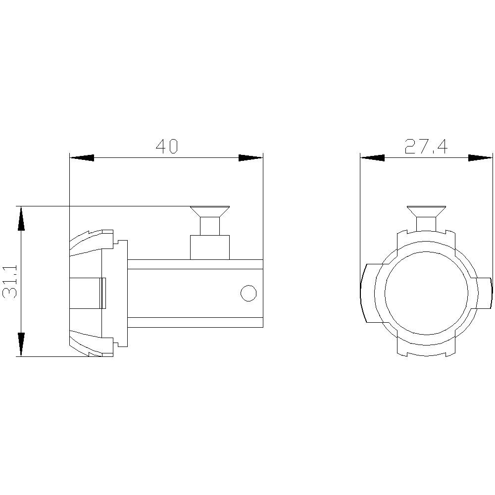 Technical drawing of a component with dimensions: width 40 mm, height 31.1 mm, lateral length 27.4 mm. Includes screw position.