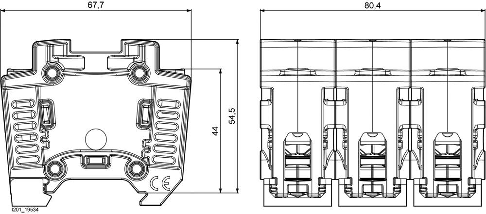 Technical drawing of a three-phase relay module with dimensions: 67.7 mm width, 44 mm height, 54.5 mm depth; CE mark visible.