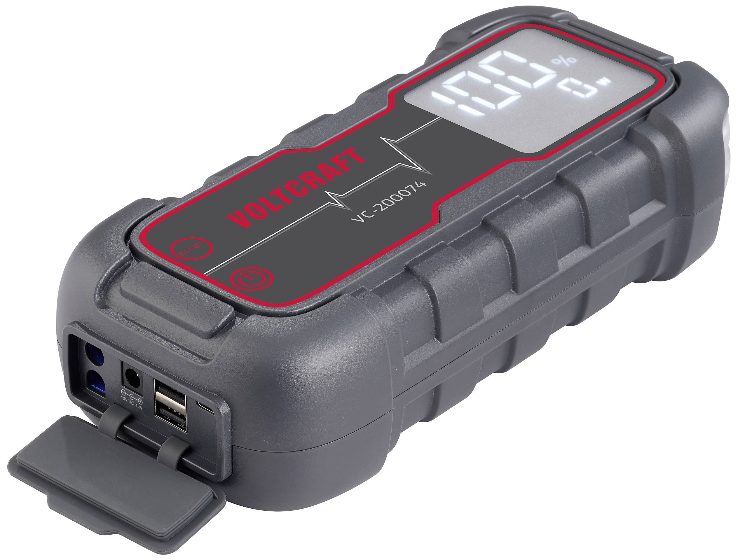 A portable power bank with a robust design, brand name 'VOLTCRAFT', charging ports and a digital display showing the charge status as a percentage.