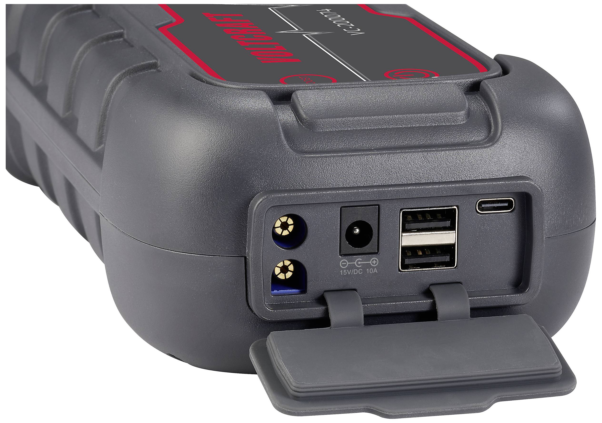 Portable jump starter with two USB ports, a USB-C port, and a 15V DC input, suitable for charging and starting vehicles.