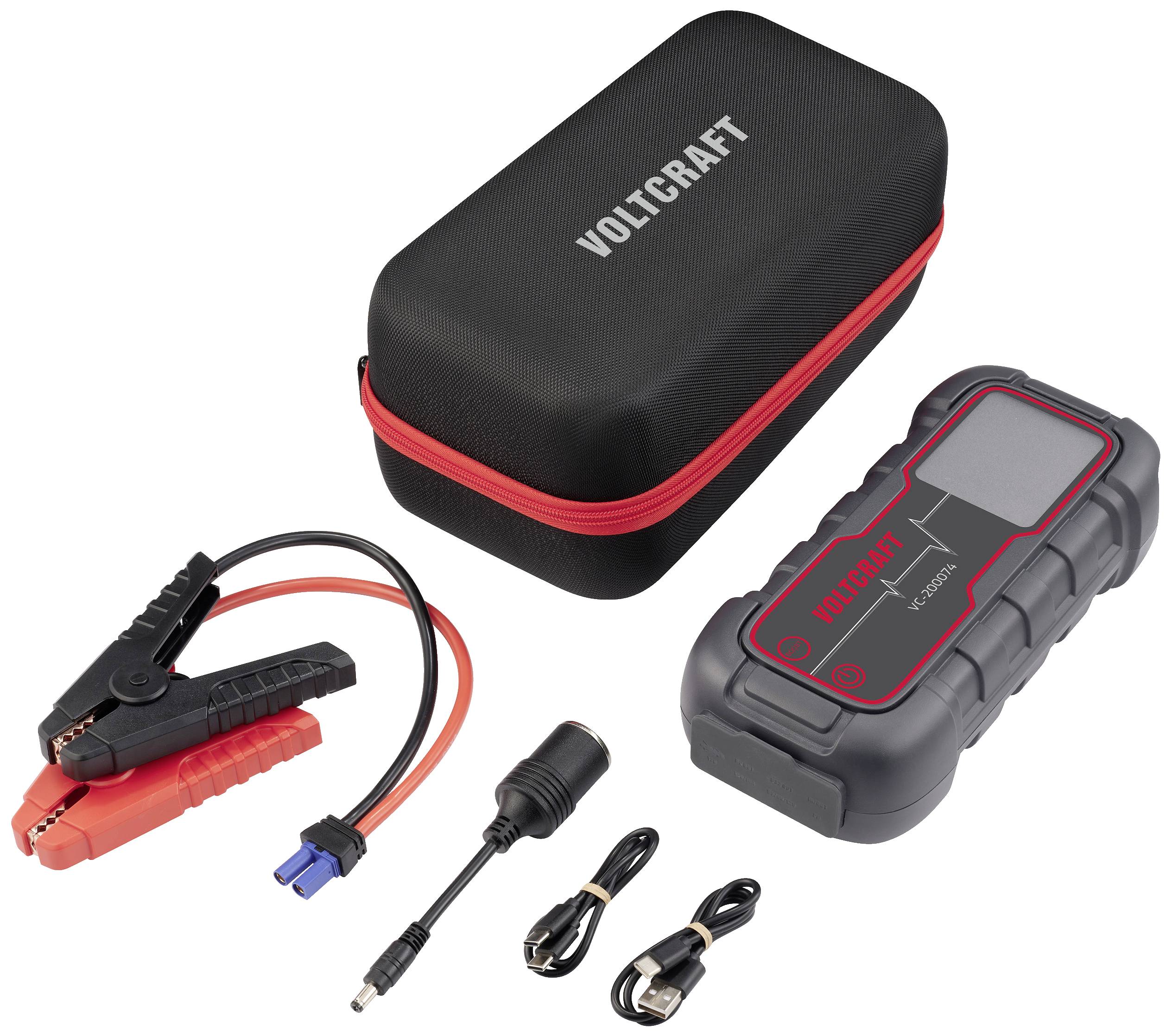 A portable charging set with housing, cables, and clamps. Contains a red and black charger with accessories.