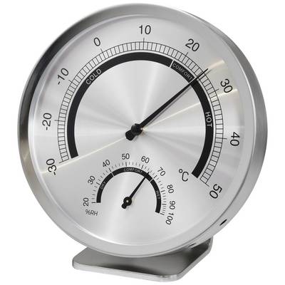 Analogue metal hygrometer and thermometer with temperature display from -30 to 50 degrees Celsius and humidity scale from 0 to 100%.