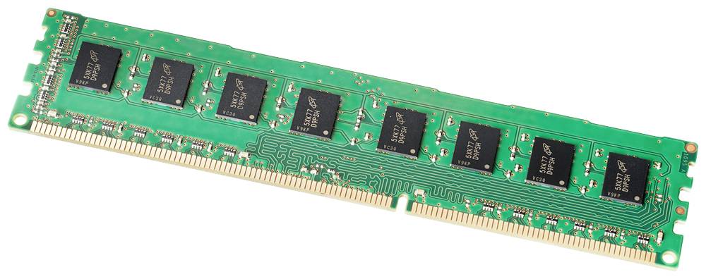 A green RAM memory stick with multiple black chips is pictured.