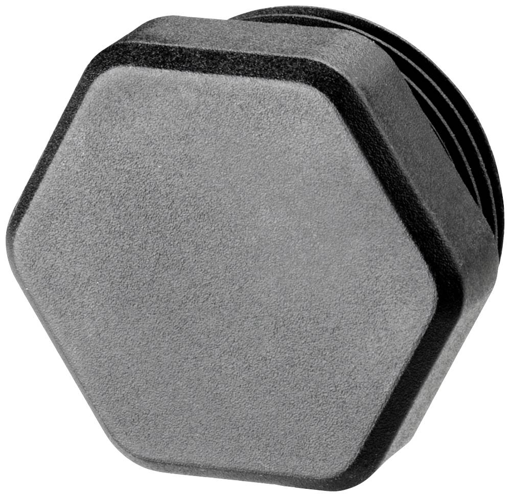 A hexagonal, grey plastic cap with a ridged edge, evidently designed as a protective or sealing element.