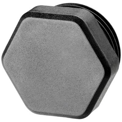 A hexagonal, grey plastic cap with a ridged edge, evidently designed as a protective or sealing element.