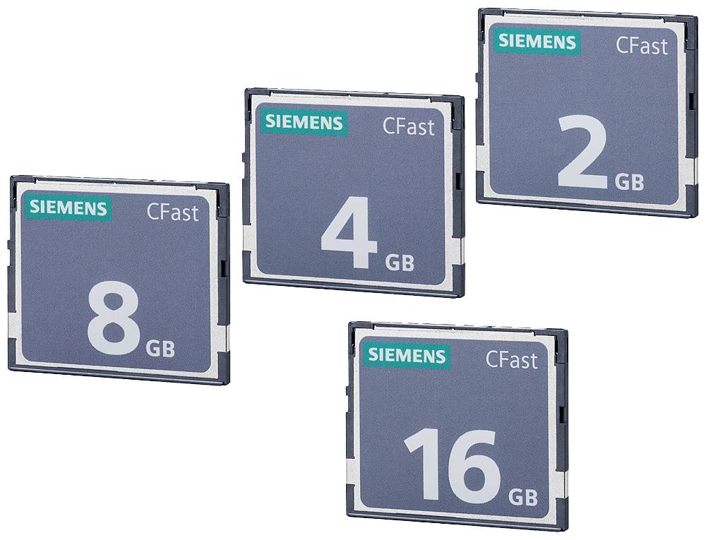 Four Siemens CFast cards with storage capacities of 2 GB, 4 GB, 8 GB and 16 GB, arranged in a slightly diagonal row.