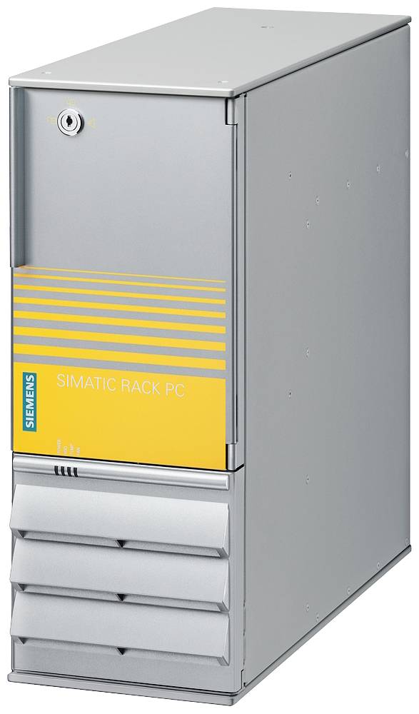 Silver SIMATIC Rack PC with yellow accent and Siemens logo, used in industrial automation systems.