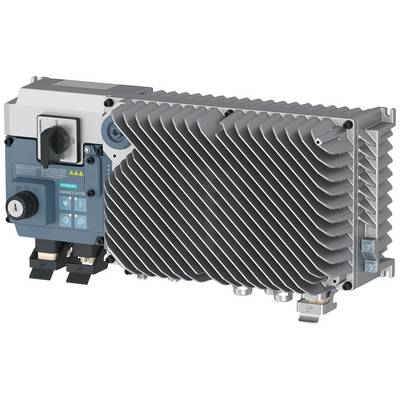 Industrial component with cooling fins, switches, and connections. Device carries labels and symbols for operation and safety.