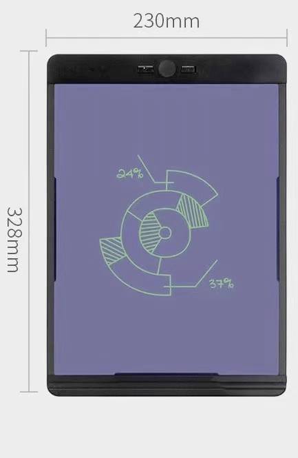 Tablet with a diagram showing two pie segments with percentages of 24% and 37%. Tablet dimensions: 230 mm x 328 mm.