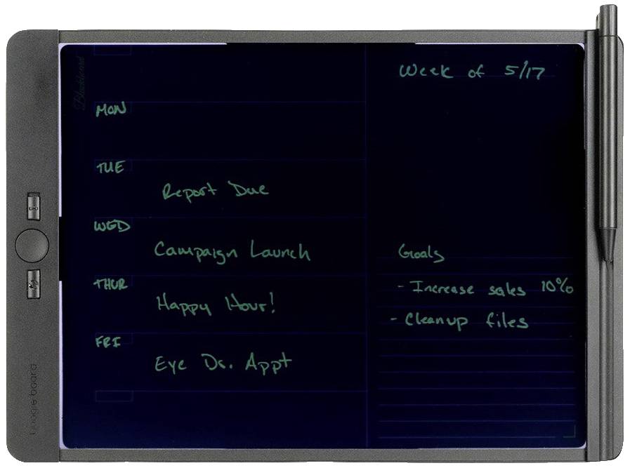 An electronic notepad displays a weekly overview with handwritten notes: Monday to Friday, including 'Objective: Increase sales by 10%'.