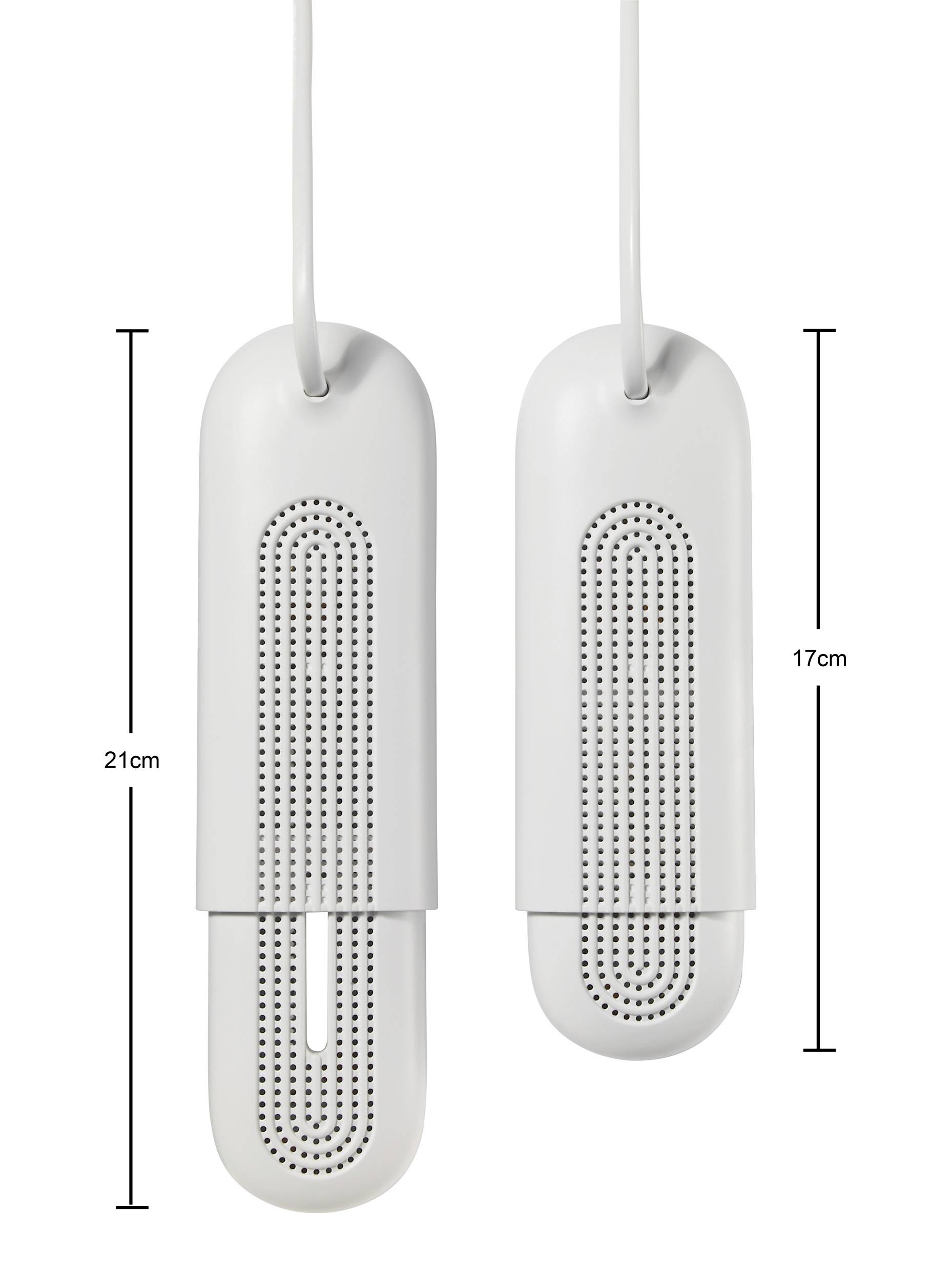 Two white shoe dryers hanging on cables; the left one retracted (21 cm), the right one extended (17 cm) for differentiated drying.