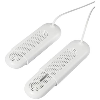 Two white electric shoe dryers with ventilation slots and cables, designed for odour-free and dry storage of shoes.