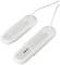 Two white electric shoe dryers with ventilation slots and cables, designed for odour-free and dry storage of shoes.