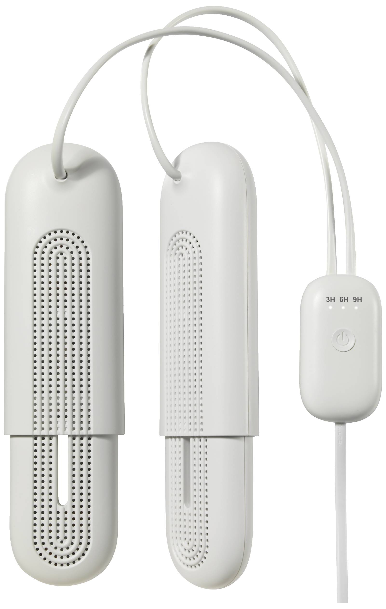 White electric shoe dryer with two oval drying elements and timer, connected by a cable.