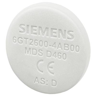 Round RFID transponder with Siemens logo and serial number '6GT2600-4AB00' as well as CE marking, white background.