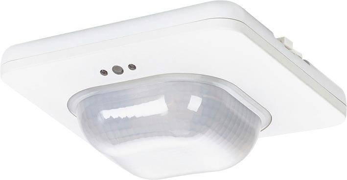 A white, square motion sensor with a rounded transparent dome sensor, mounted on a ceiling plate.