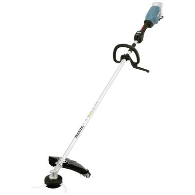 Battery-powered lawn trimmer with a blue casing and black handle, featuring a cutting mechanism underneath and a safety guard.