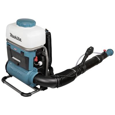 A portable, petrol-powered spray device with a large white tank and a long black hose. Brand logo visible in the top left corner.