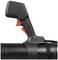 A black, ergonomically shaped handle with red triggers, mounted on a large, round black tube.