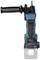 A blue, cordless hammer drill with a black handle and additional side grip.