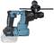 Cordless hammer drill in blue and black, shown from the side, with auxiliary handle and dust protection. Battery and brand visible.
