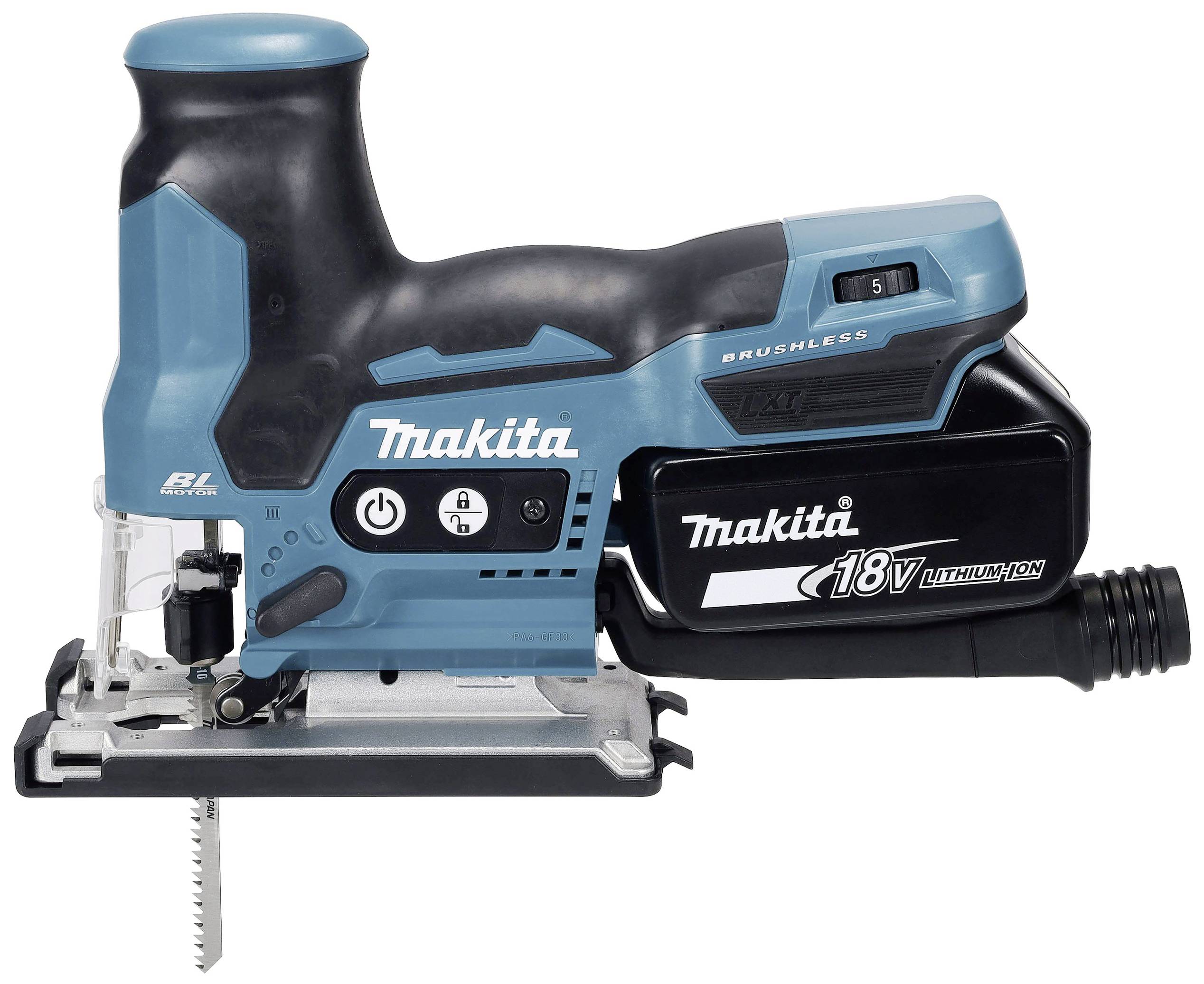 A cordless, blue Makita saw system with a lithium-ion battery, suitable for precise cuts in various materials.