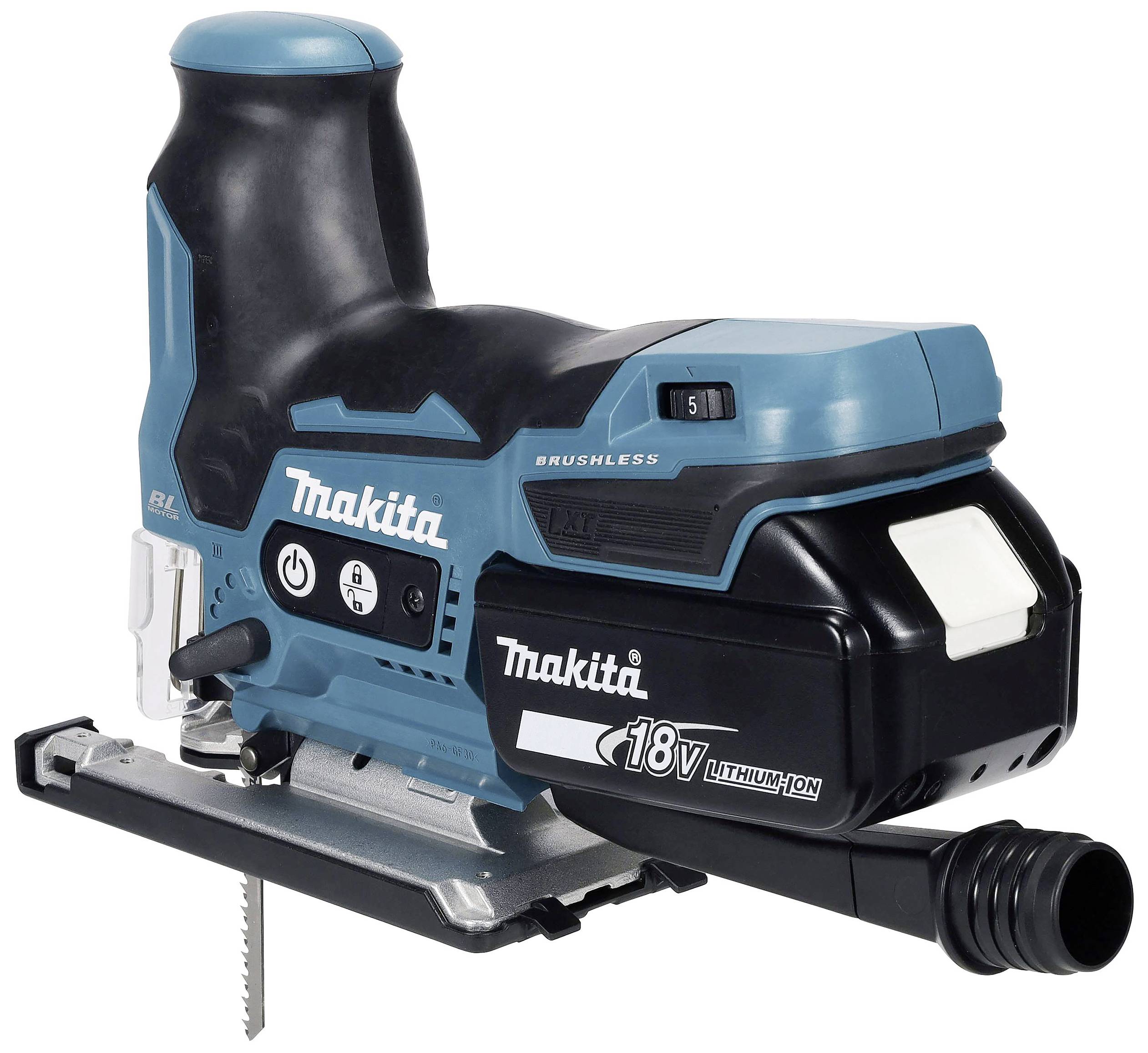 A cordless, blue electric power tool, a Makita battery-powered jigsaw, model with a lithium-ion battery, suitable for precise cutting.