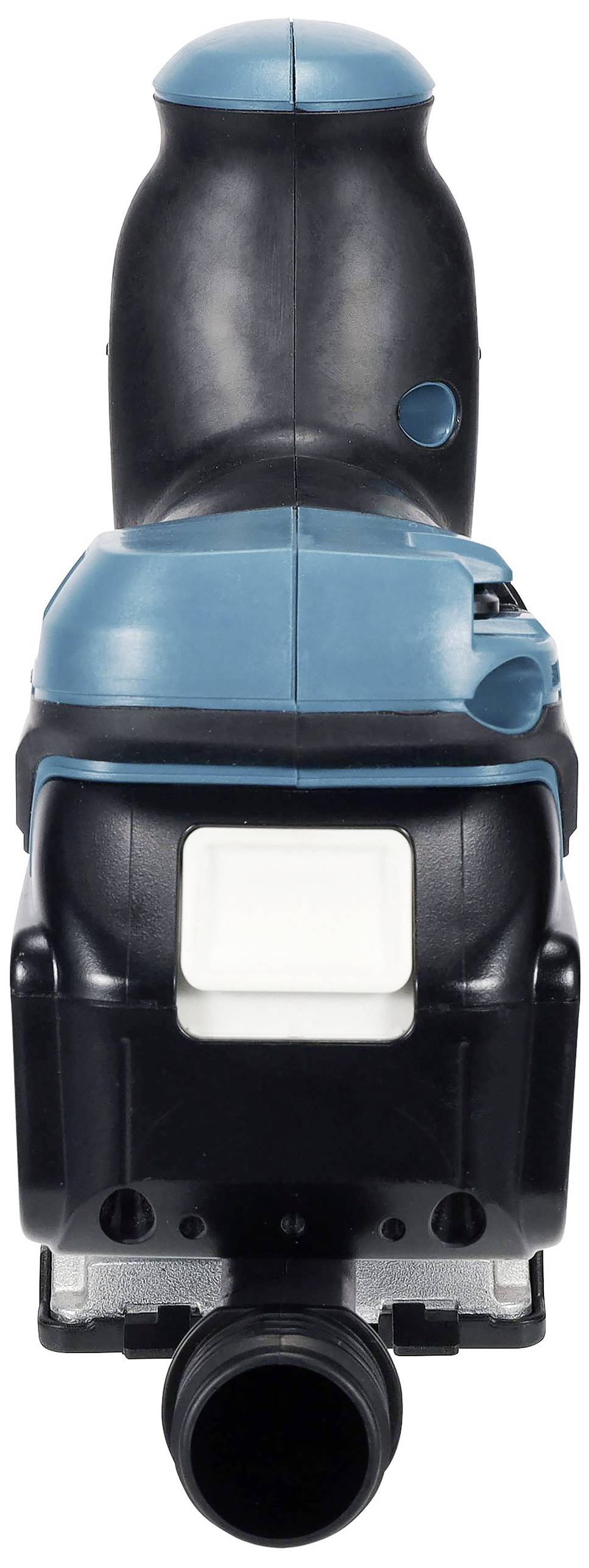 Cordless drill hammer viewed from the front; blue and black body; battery compartment and chuck visible.