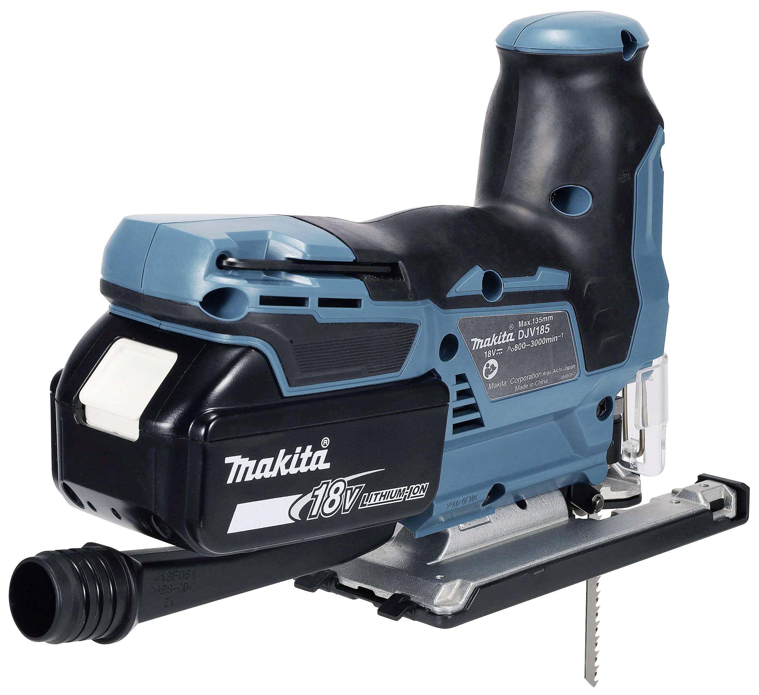 Makita cordless drill in black and blue. The device features an ergonomic handle and is powered by an 18V lithium-ion battery.