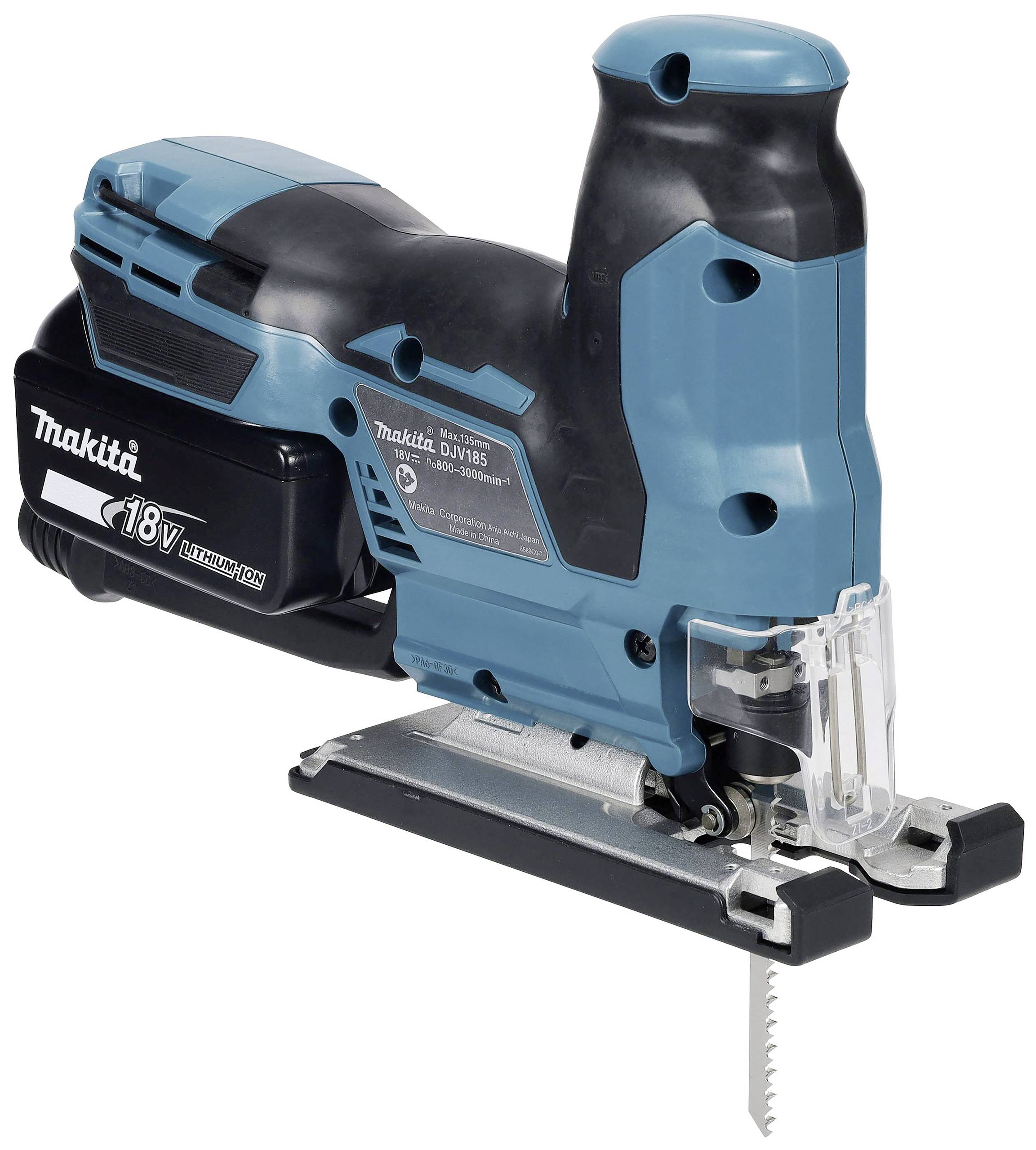 Battery-powered jigsaw in blue and black by Makita; compact with an ergonomic handle and visible saw blade.