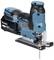 Battery-powered jigsaw in blue and black by Makita; compact with an ergonomic handle and visible saw blade.