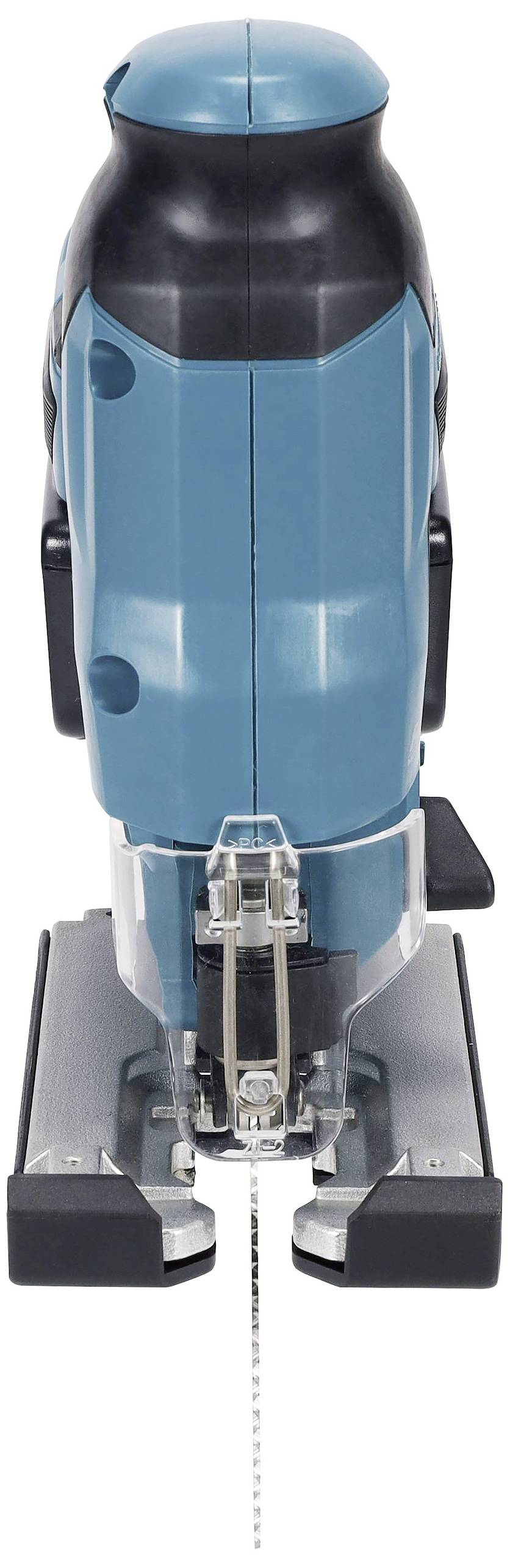 A blue and black electric jigsaw, pictured from the front, displays the saw blade and base plate.