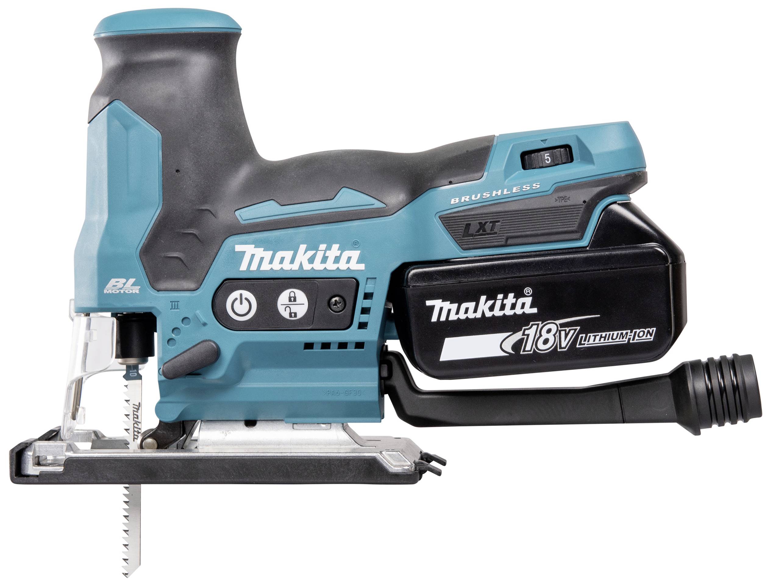 Makita Acoustic Saw, model with 18V lithium-ion battery, blue and black housing colour, suitable for precise wood cutting.