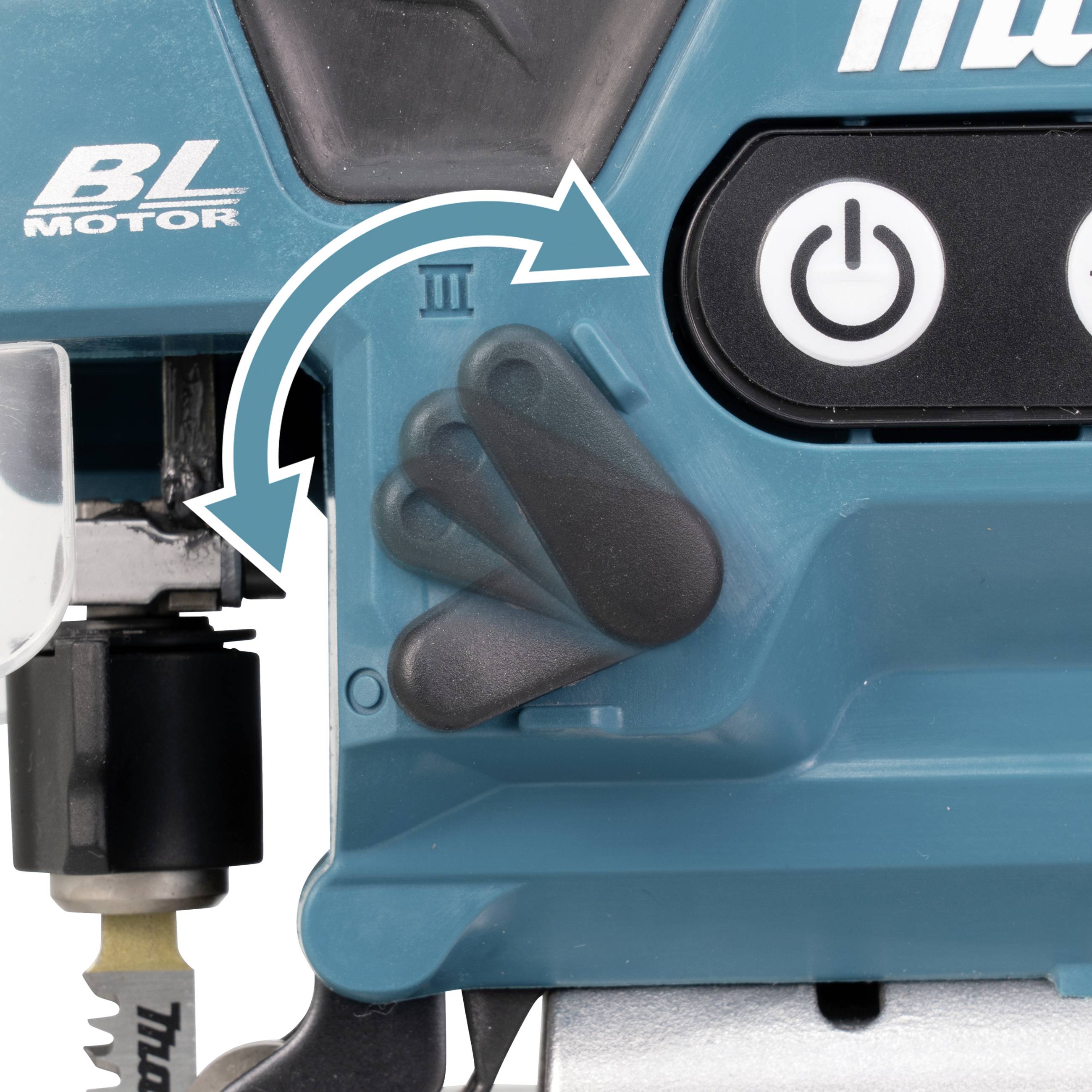 'Close-up of a blue device with three buttons, one of which is highlighted by an arrow and handle.'