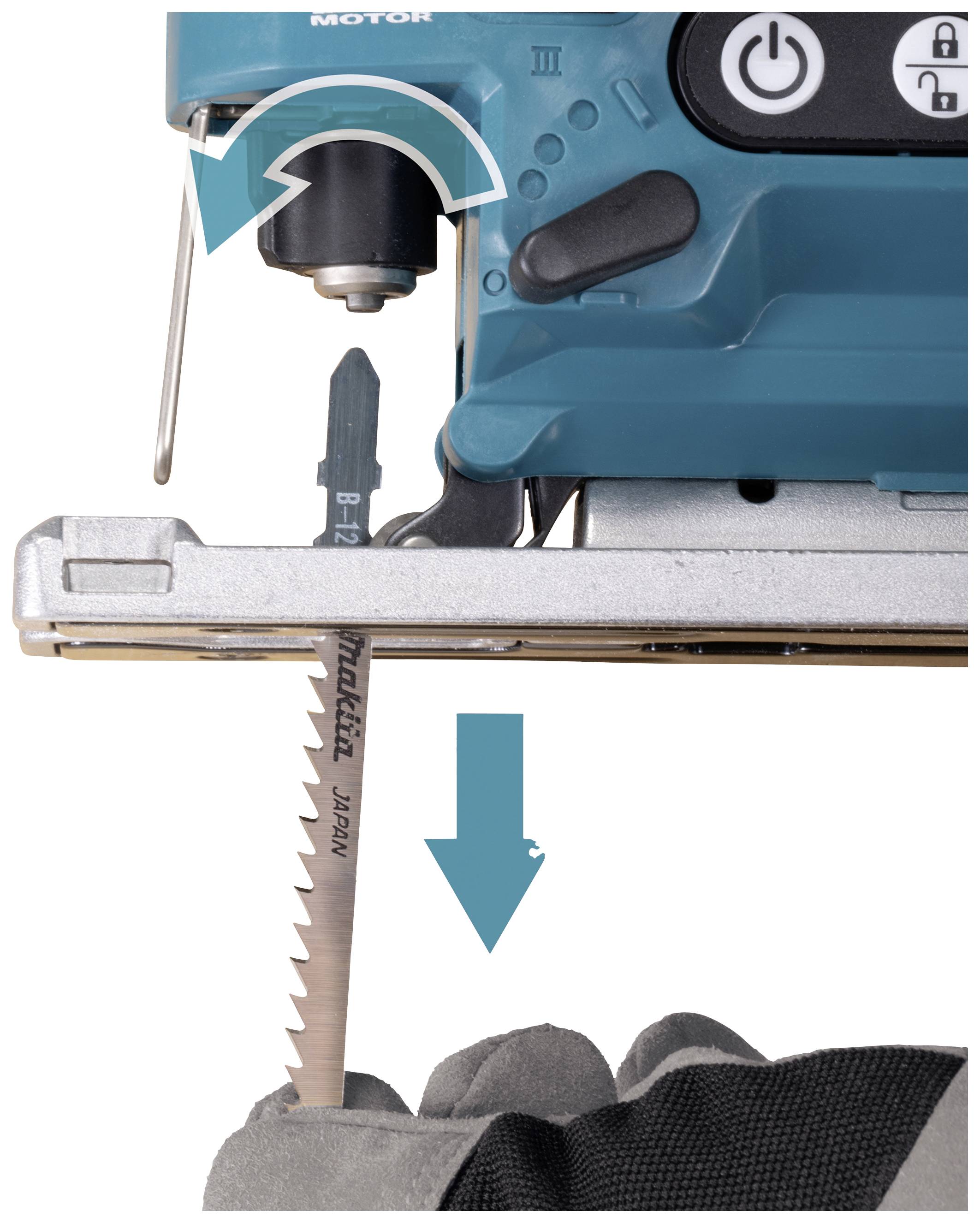 'Changing the Jigsaw Blade' shows the removal of the blade with arrows indicating the removal process. Glove protects hand.