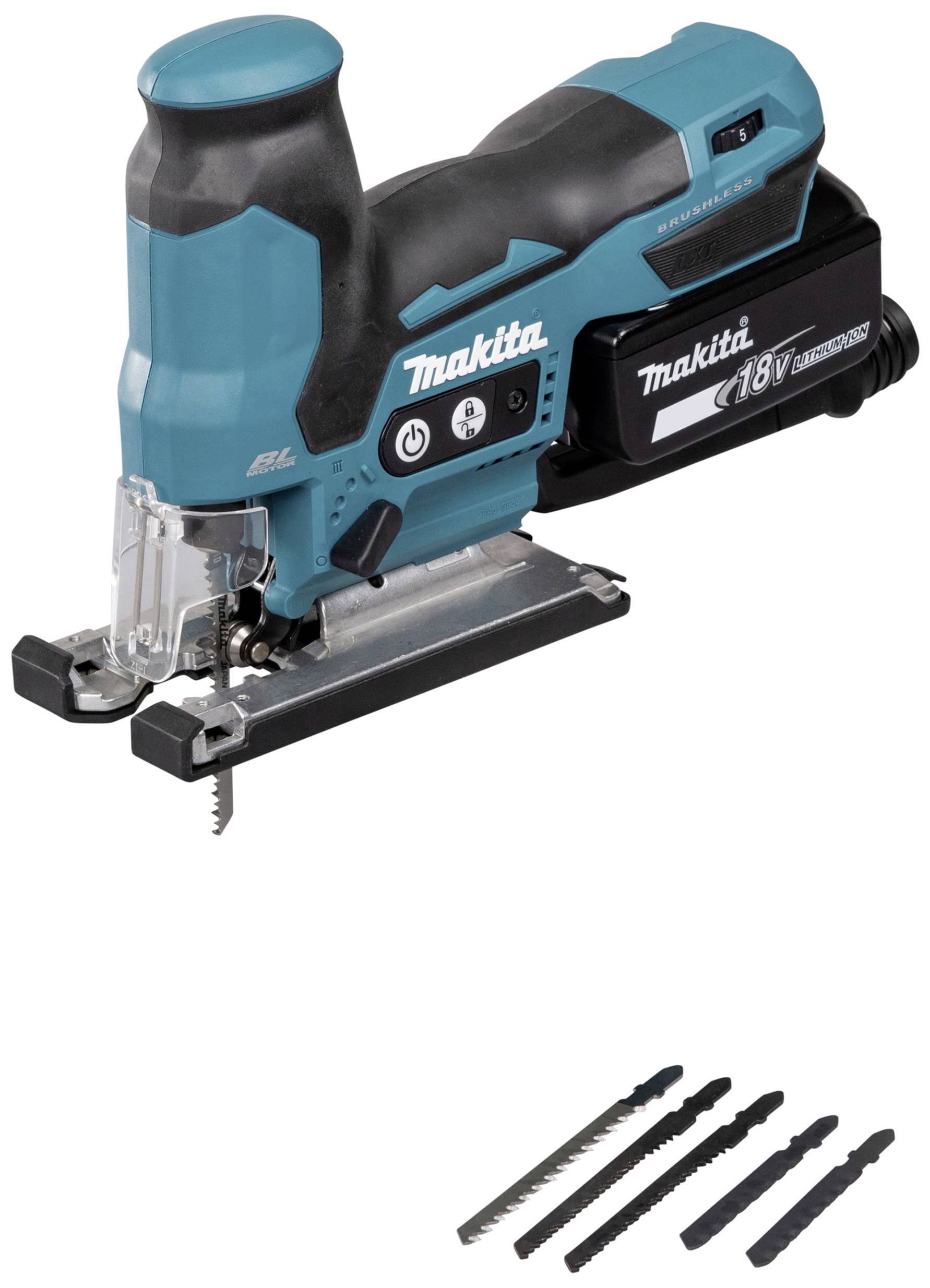 A blue and black cordless jigsaw with five replacement saw blades. The jigsaw has a modern design and a logo.