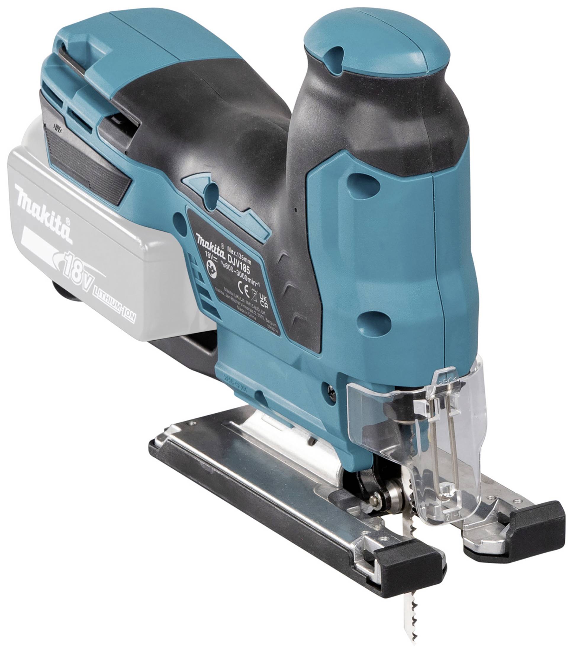 Acoustic saw in turquoise and black with a silver saw blade, mounted on a transparent plastic base.