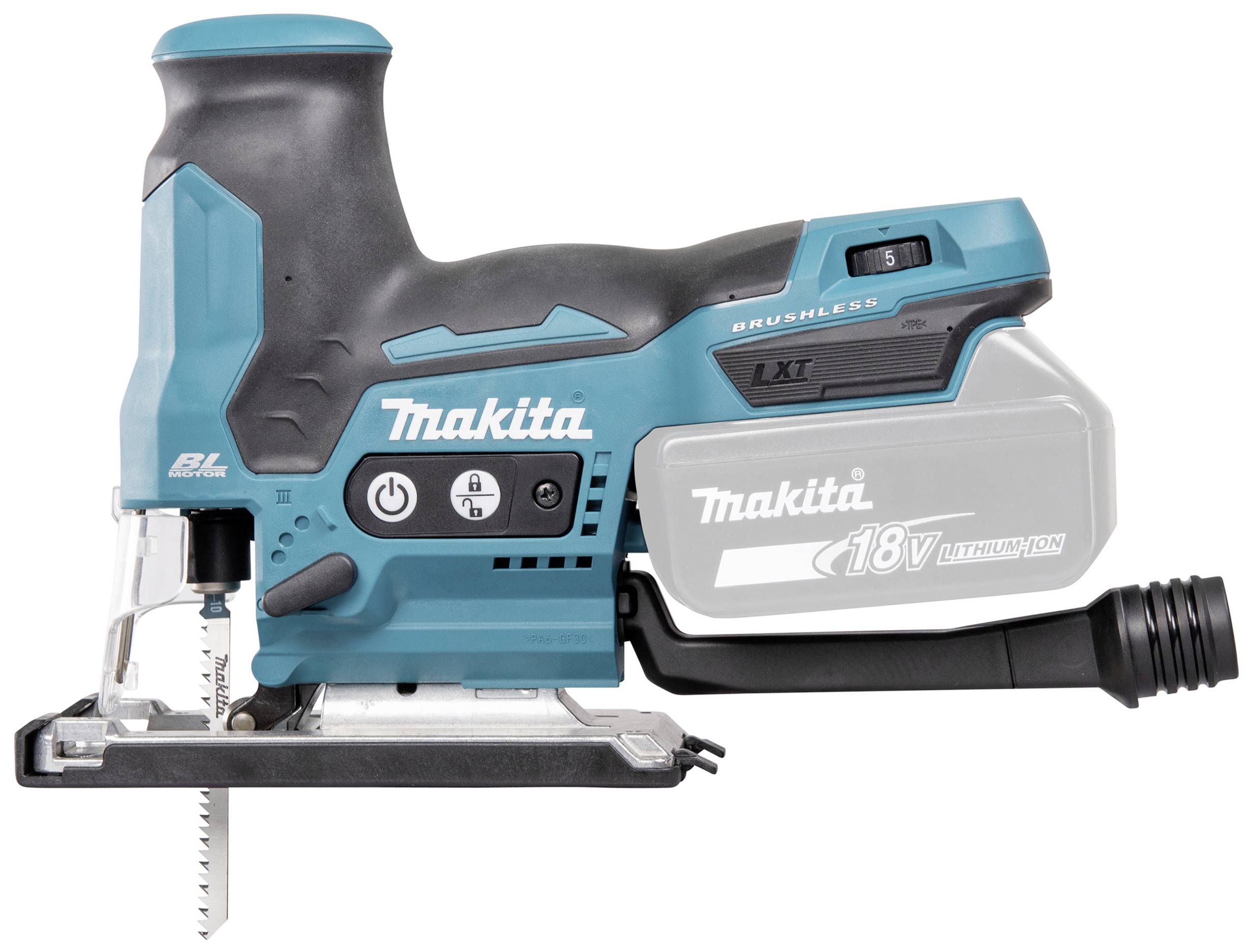 A battery-powered jigsaw with a blue casing and grey handle, brand name on the side, suitable for precise woodworking.